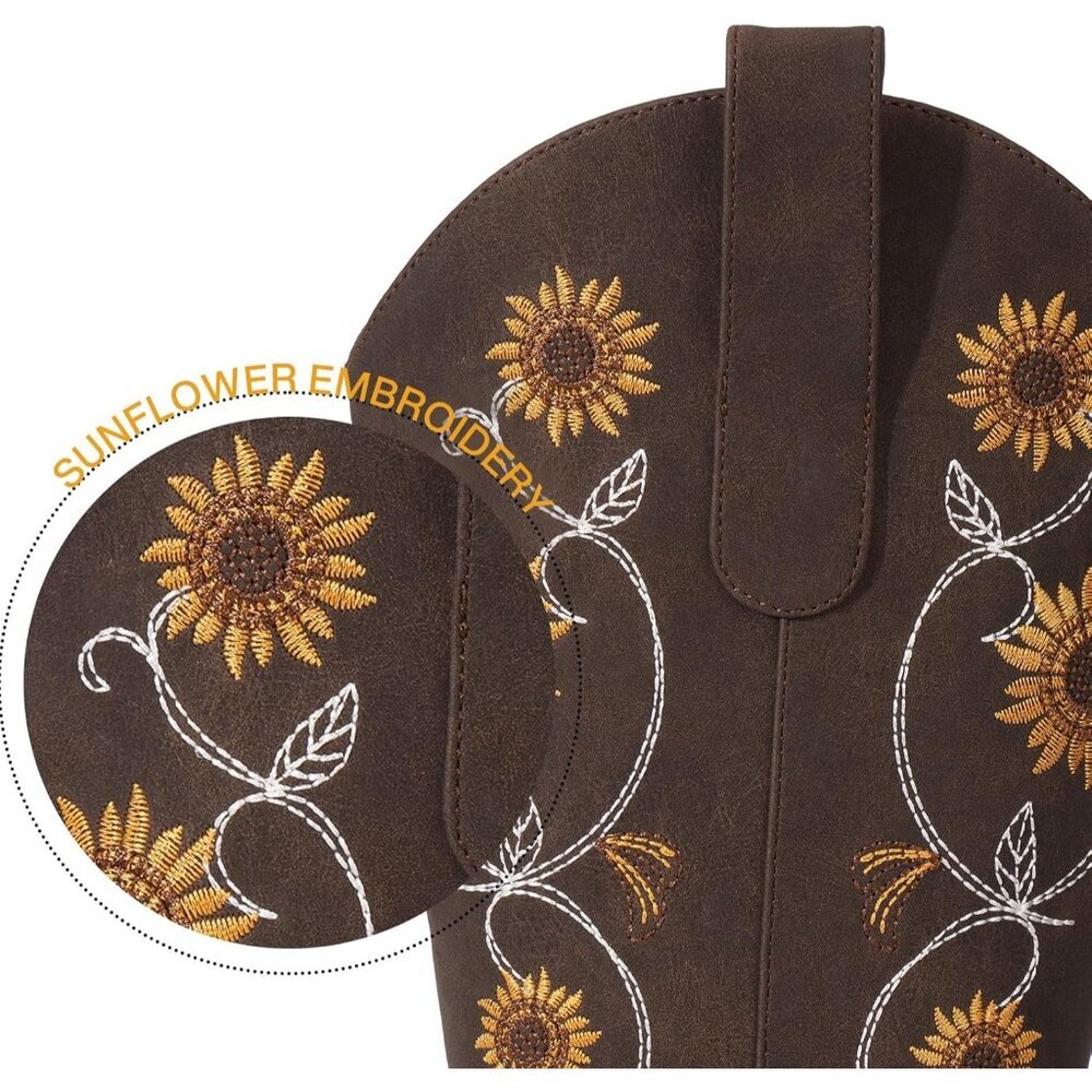 ⚡Women's Brown Mid Calf Western Sunflower Cowgirl Boots with Floral Embroidery - Picture 3 of 5